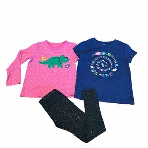 2 pc Kids' Pink Dinosaur Tee and Blue Graphic Tee with Black Sparkle Leggings